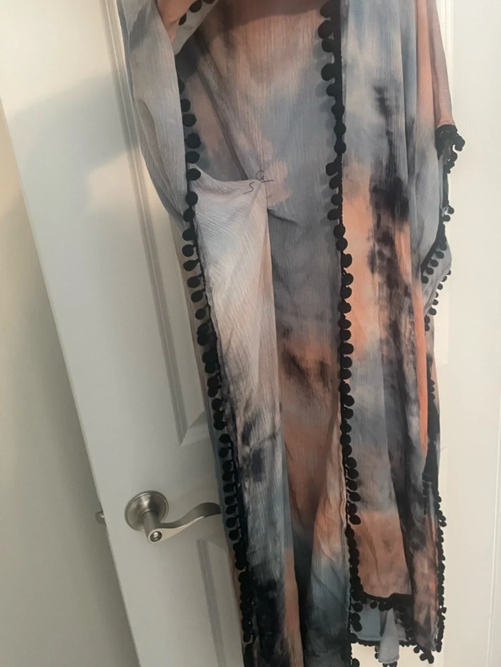 Natural Life Black, Blue, and Peach Tie Dye Long Duster with Black Pom Detail OS - Picture 4 of 4